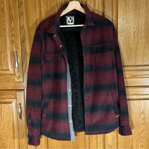 Voyager Men's Maroon and Black Striped Jacket Fuzzy Lining Snap Front Mens Sz M